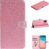 Voor Huawei Y5p Glitter Poeder Horizontale Flip Leren Case met Kaartsleuven & Houder & Fotolijst & Portemonnee & Lanyard (Roze)