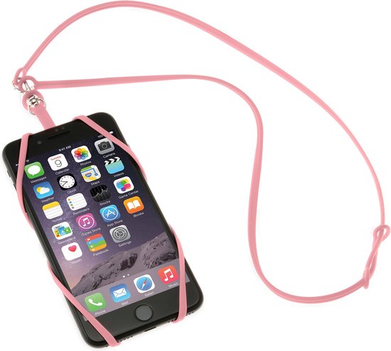Zwarte smartphone met apps en een roze telefoonhoes met een roze koord.