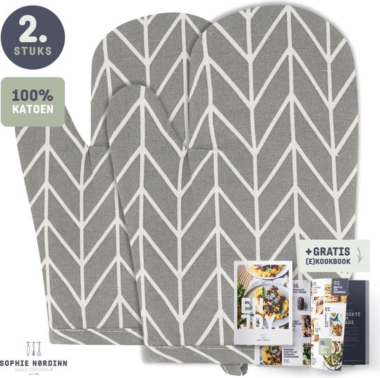 Ovenwanten van Sophie Nordinn® – Ovenhandschoenen Lund (Lijnen Grijs) – Ovenwanten 2 stuks – Katoen