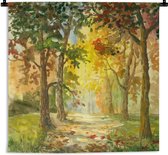 Wandkleed Bossen en bomen illustratie - Een illustratie van een pad tussen de bomen Wandkleed katoen 90x67 cm - Wandtapijt met foto