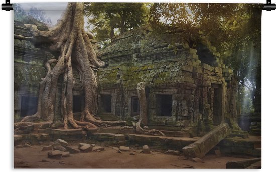 Wandkleed Angkor Wat - Boomwortels over de oude Ta Prohm-tempel in Angkor Wat Wandkleed katoen 150x100 cm - Wandtapijt met foto