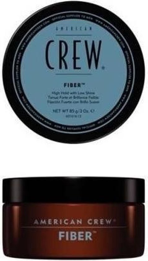 American Crew Fiber pot met bruine basis en blauw deksel.