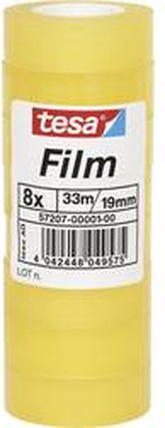 Stapel van 8 rollen tesa Film plakband. Elk 33m x 19mm. De rollen zijn geel.