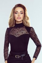 Eldar Paris stijvolle damesblouse met kant op de hals en mouwen zwart,. L