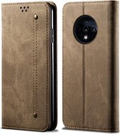 Voor OnePlus 7T Denim Textuur Casual Stijl Horizontaal Flip Leren Tas met Houder & Kaartsleuven & Portemonnee (Khaki)