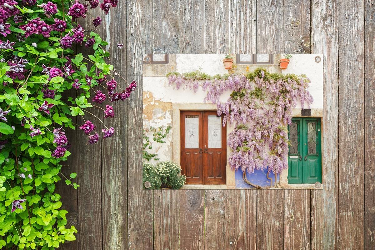 Tuinposter Blauweregen (Wisteria) Blauwe regen tegen muur 40x30 cm