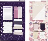 Set de post-it et marque-pages, dim.10,3x22 + 13,8x22 cm, violet, or, rose, fleurs, 2flles