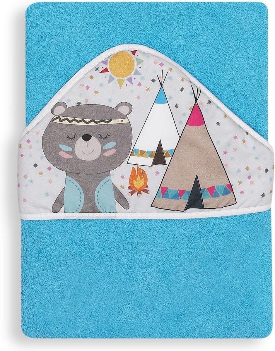 Interbaby Badcape Indianenbeer Junior 100 Cm Katoen Blauw