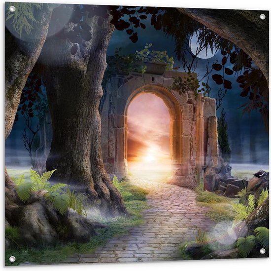 Tuinposter – Magische poort in Fantasiebos - 100x100cm Foto op Tuinposter  (wanddecoratie voor buiten en binnen)