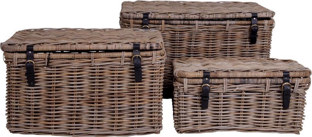 Hioshop Demsy opbergdozen 3 stk. in kubu grijs met leren hengsels.