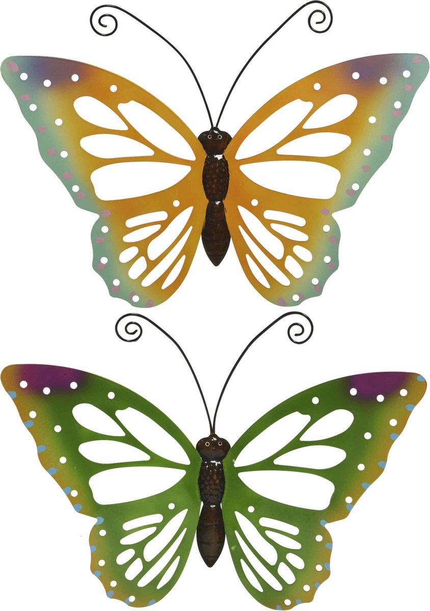 Decoris Tuindecoratie Vlinders - Metaal - Groen en Oranje - 51 x 38 cm - Set van 2 stuks - Wanddecoratie - Buiten en Binnen