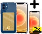 Hoes voor iPhone 12 Hoesje Pasjeshouder Case Met 2x Screenprotector - Hoes voor iPhone 12 Pasjeshouder Card Case Hoesje Met 2x Screenprotector - Transparant