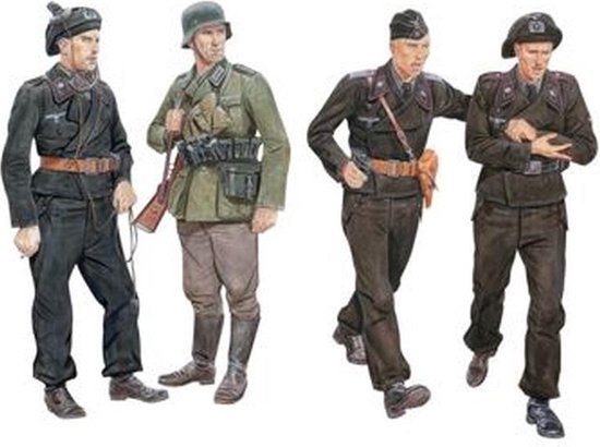 Quatre soldats allemands de la Seconde Guerre mondiale en uniformes et poses variés, "Ghost Division Tank Crew Blitzkrieg 1940".