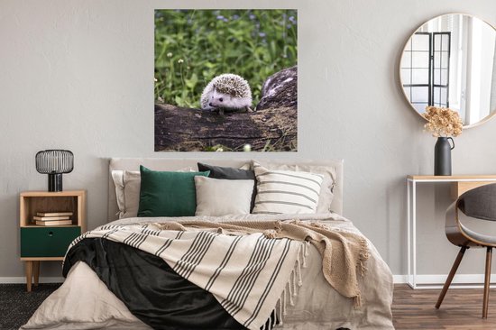 Affiche Hérisson - Wit - Tronc d'arbre - Fleurs - 100x100 cm XXL