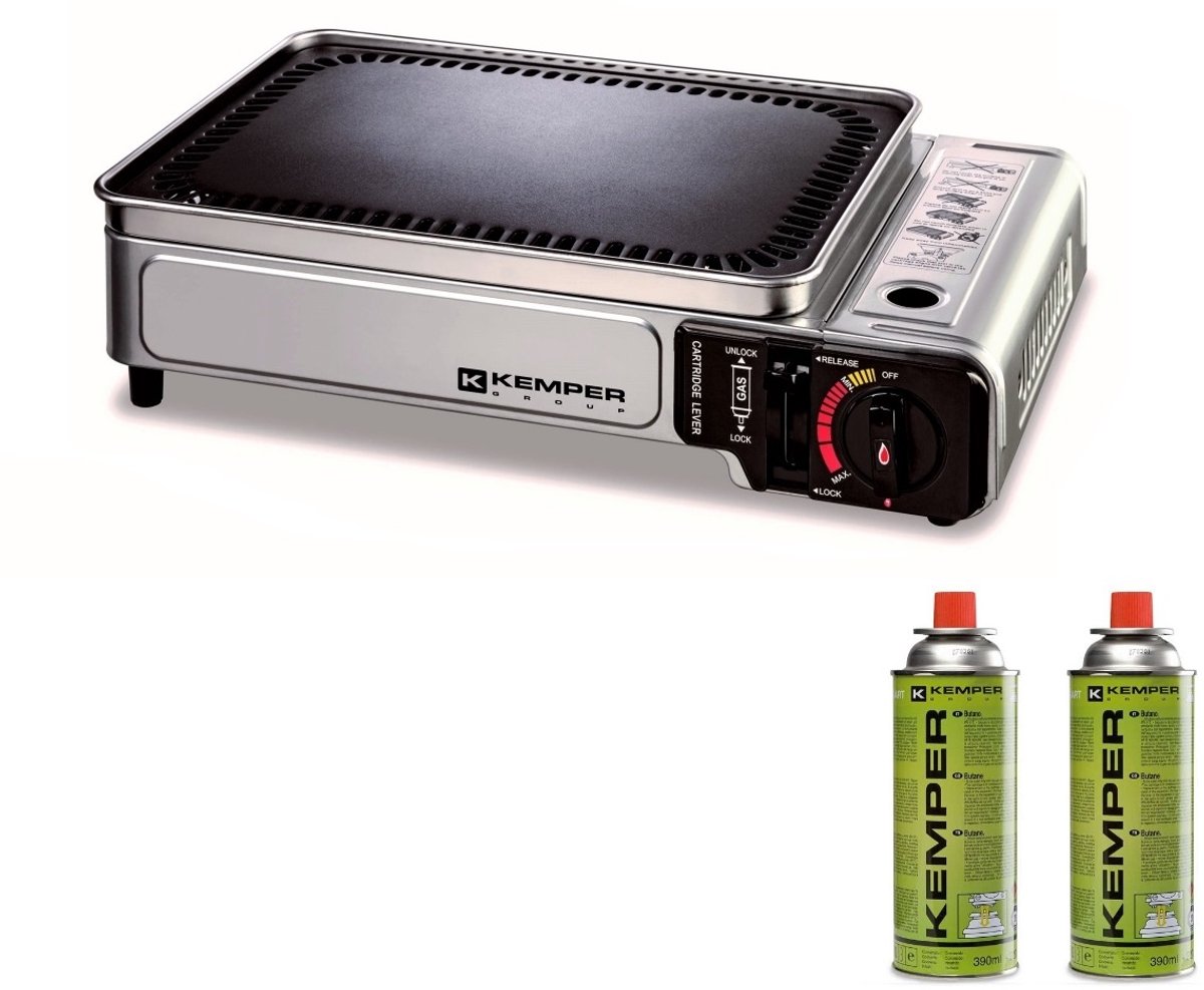 Bol.com Kemper Smart grill Plancha - draagbare gas barbecue Tafelbarbecue Campingkooktoestel - incl. 2 gasflessen - Noodpakket item aanbieding