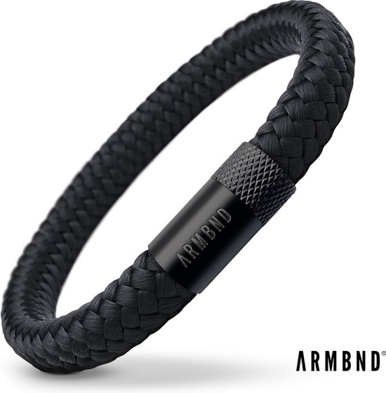 ARMBND® Heren armband - Zwart Touw met Zwart Staal - lang - The original - Origineel Cadeau voor Man
