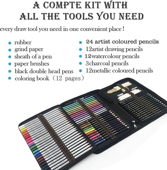 Aquarel potloden, kleurpotloden, schetsen, kunst set, accessoireset en etui, voor kunstenaars, beginners en leerlingen