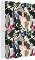 Canvas Schilderij Tropical - Roze - Bladeren - 60x90 cm - Wanddecoratie