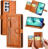 Premium vintage portemonnee hoesje met ritssluiting flip-cover hoes met kaarthoudersleuven Geschikt voor: Samsung Galaxy S21 - licht bruin