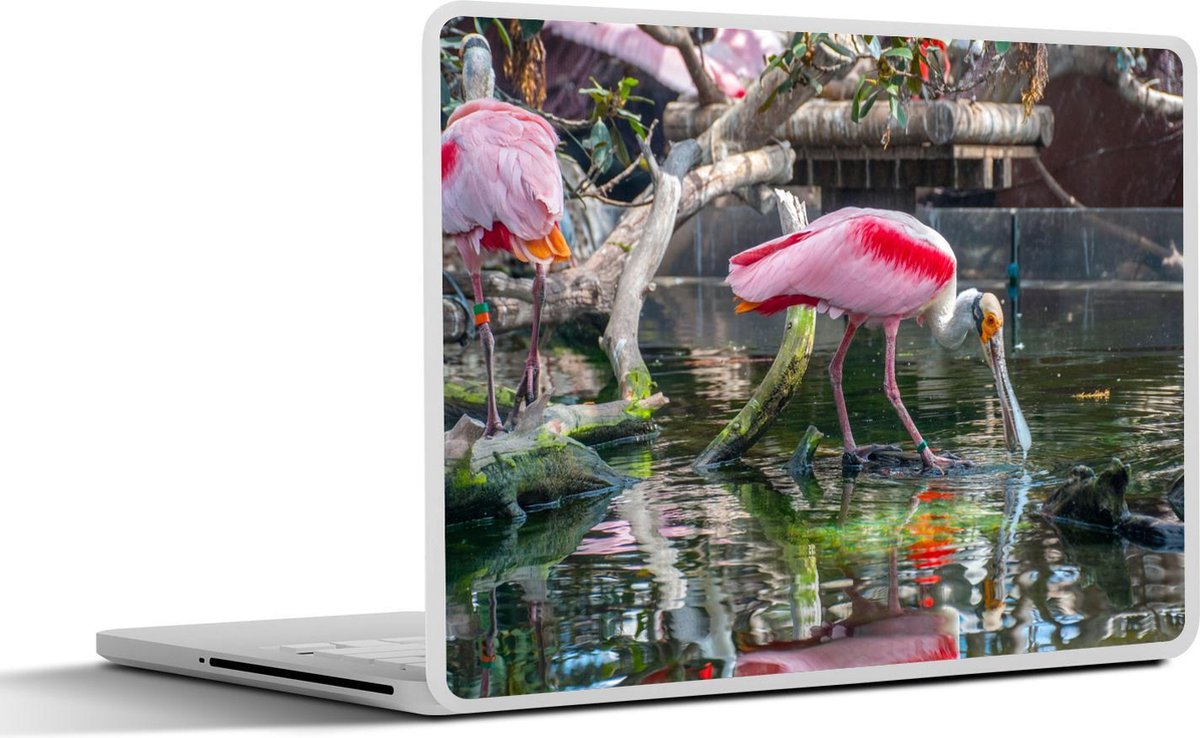 Afbeelding van product SleevesAndCases  Laptop sticker - 15.6 inch - Roze lepelaar drinkt uit een vijver