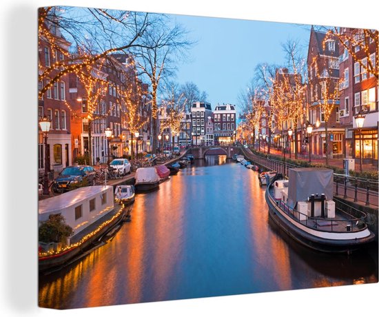 Canvas - Amsterdam - Water - Boot - Verlichting - Kerst - Architectuur -Woondecoratie - 30x20 cm - Canvas schilderij - Canvas doek