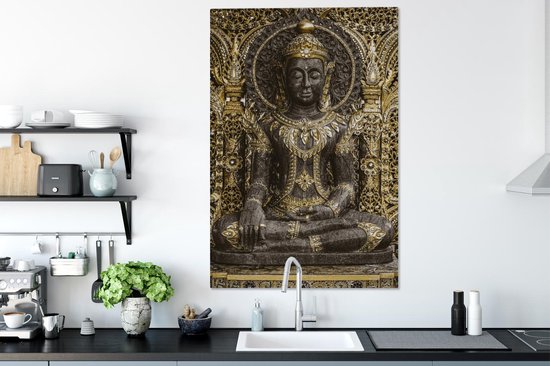 Canvas schilderij 90x140 cm - Wanddecoratie Boeddha - Beeld - Goud - Muurdecoratie woonkamer - Slaapkamer decoratie - Kamer accessoires - Schilderijen