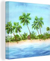 Canvas Schilderij Palmboom- Strand - Hut - 50x50 cm - Wanddecoratie