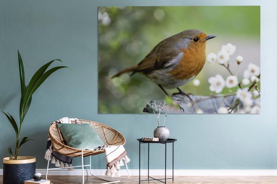 Canvas schilderij 180x120 cm - Wanddecoratie Roodborstje - Bloemen - Tak - Muurdecoratie woonkamer - Slaapkamer decoratie - Kamer accessoires - Schilderijen