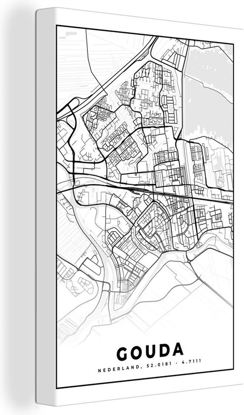 Toile Peinture Carte - Gouda - Zwart - Wit - 120x180 cm - Décoration murale XXL