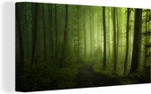 Canvas Schilderij Bospad - Bomen - Groen - Bos - Mistig - Natuur - Planten - 40x20 cm - Wanddecoratie