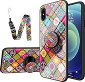 Geschilderd etnisch patroon gehard glas TPU schokbestendig hoesje met opvouwbare magnetische houder en nekriem voor iPhone XS Max (kleurrijk)