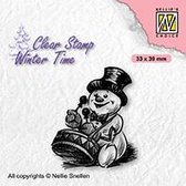 WT007 Nellie Snellen Clearstamp - winter time Snowman with drum - mini kerst stempel sneeuwman met trommel - sneeuwpop