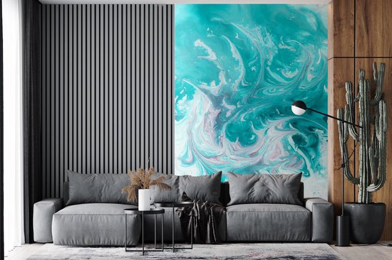 Papier peint - Papier peint photo Aquarelle - Peinture à l'huile - Turquoise - Wit - Largeur 180 cm x Hauteur 280 cm