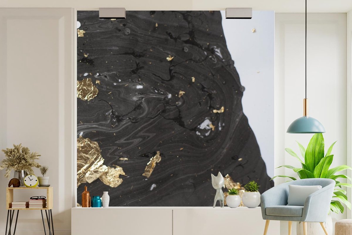 Behang - Fotobehang Marmer - Zwart - Luxe - Goud - Breedte 260 cm x hoogte 260 cm