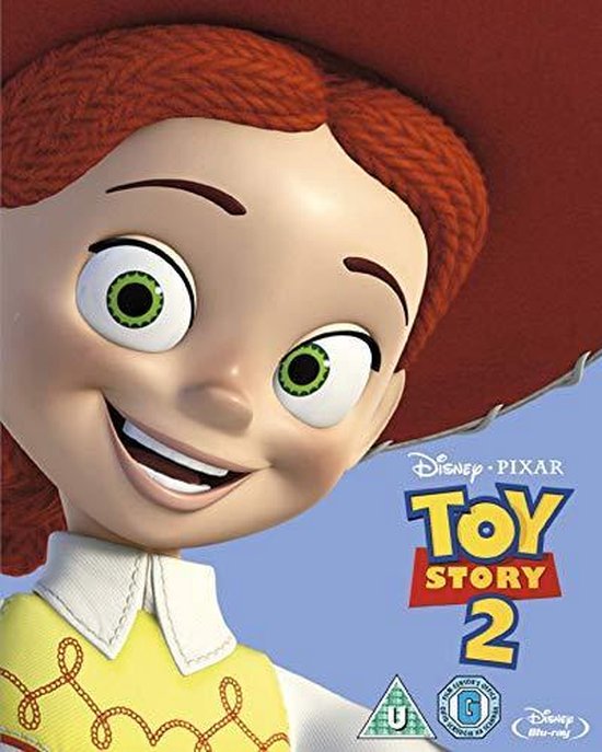 Close-up van Jessie's gezicht van Toy Story 2, met grote groene ogen en een brede glimlach, op een blauwe achtergrond.