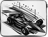 Laptophoes 17 inch - Een zwart-witte illustratie van een wagen uit de Formule 1 - Laptop sleeve - Binnenmaat 42,5x30 cm - Zwarte achterkant