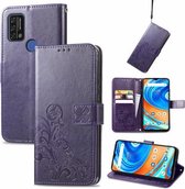 Voor UMIDIGI A9 Vier-blad Sluiting Reliëf Gesp Mobiele Telefoon Bescherming Lederen Case met Lanyard & Card Slot & Portemonnee & Beugel Functie (Paars)
