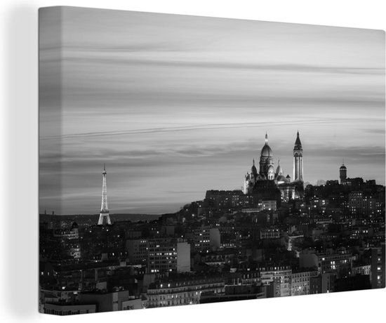 Canvas Schilderij Uitzicht over Parijs met de Eiffeltoren en de Sacré-Coeur - zwart wit - 30x20 cm - Wanddecoratie