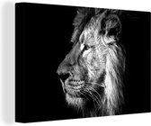 Canvas Schilderij Leeuw op een zwarte achtergrond - zwart wit - 90x60 cm - Wanddecoratie