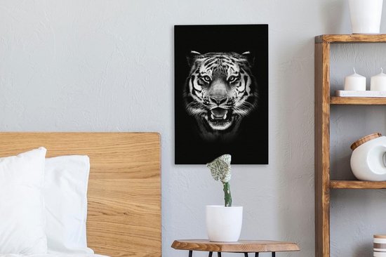 Tableau Tableau Tête de Tigre fond noir - noir et blanc - 20x30 cm - Décoration murale