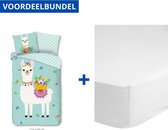 Dekbedovertrek voor Kinderen - Eenpersoons - 140x200/220cm - Inclusief 1 Kussensloop - 100% Versterkt Katoen - Mint Lama + Zachte Katoenen Hoeslaken - 90x200cm - Wit