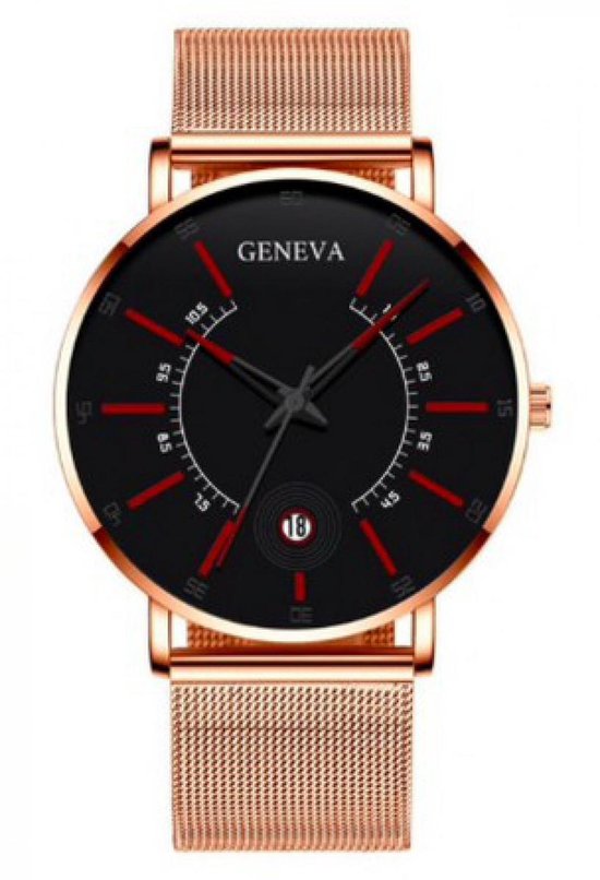 Hidzo Horloge Geneva - Met Datumaanduiding - Ø 40 mm - Rose-Goud/Rood - Staal