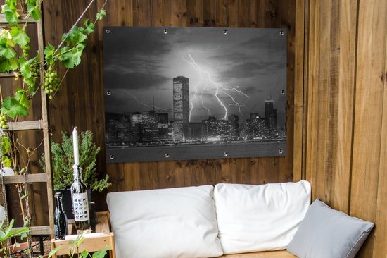 Affiche jardin - Toile Posters de jardin extérieur - Skyline de Chicago avec éclairs - noir et blanc - 120x90 cm - Jardin