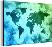 Wanddecoratie Metaal - Aluminium Schilderij Industrieel - Wereldkaart - Blauw - Groen - 60x40 cm - Dibond - Foto op aluminium - Industriële muurdecoratie - Voor de woonkamer/slaapkamer