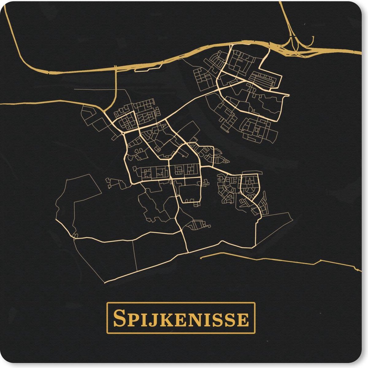 Muismat 20x20 cm - Mousepad Kaart - Spijkenisse - Goud - Zwart - Muismatten
