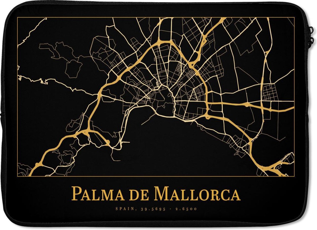 Laptophoes 13 inch - Kaart - Palma de Mallorca - Goud - Zwart - Laptop sleeve - Binnenmaat 32x22,5 cm - Zwarte achterkant