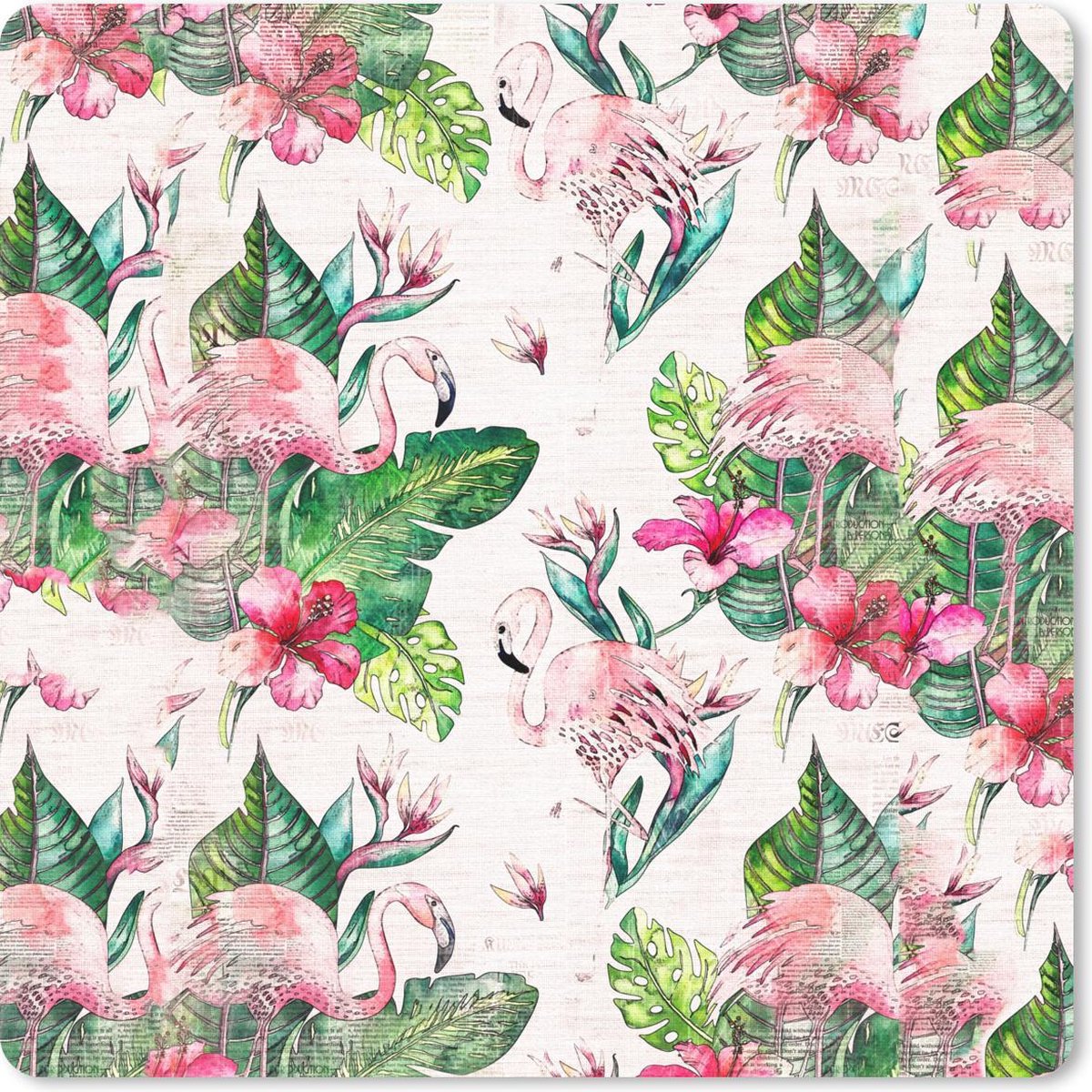 Muismat 20x20 cm - Mousepad Flamingo - Bloemen - Bladeren - Krant - Muismatten