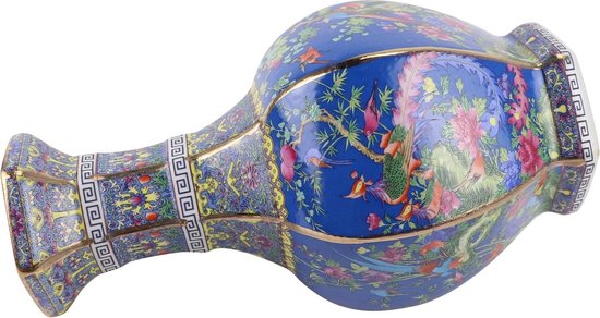 Blauwe vaas met pauwen, bloemen en gouden randen, liggend.
