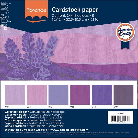 Florence Cardstock Paper, 24 vel, 6 kleuren x4, 30,5x30,5cm, 216g. Lila met lavendelprint.
