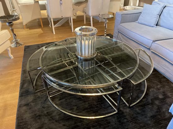 By Kohler Ronde glazen salontafel met zilver metalen onderstel ( 5-delige  set )... | bol.com